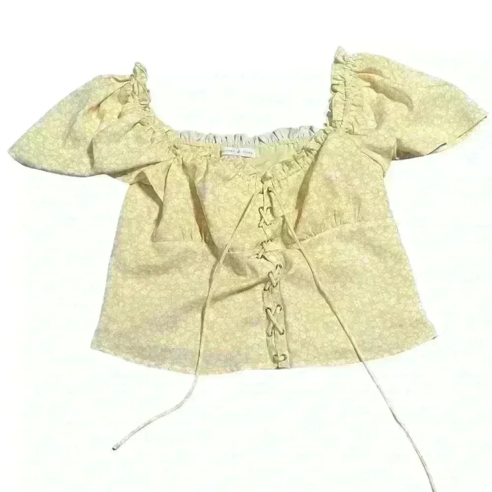 Backyard Roses Nordstrom Yellow Milkmaid Lace Up Crop Top | Cottagecore | Size M
